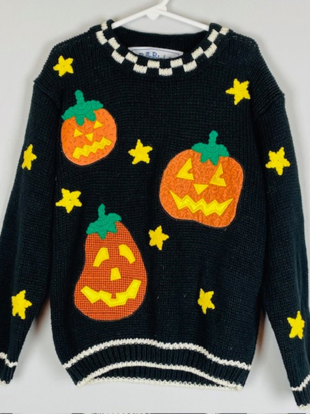 Vtg 80s BellePointe Halloween Sweater Sz M Jack O Lantern Wearable Art Twee